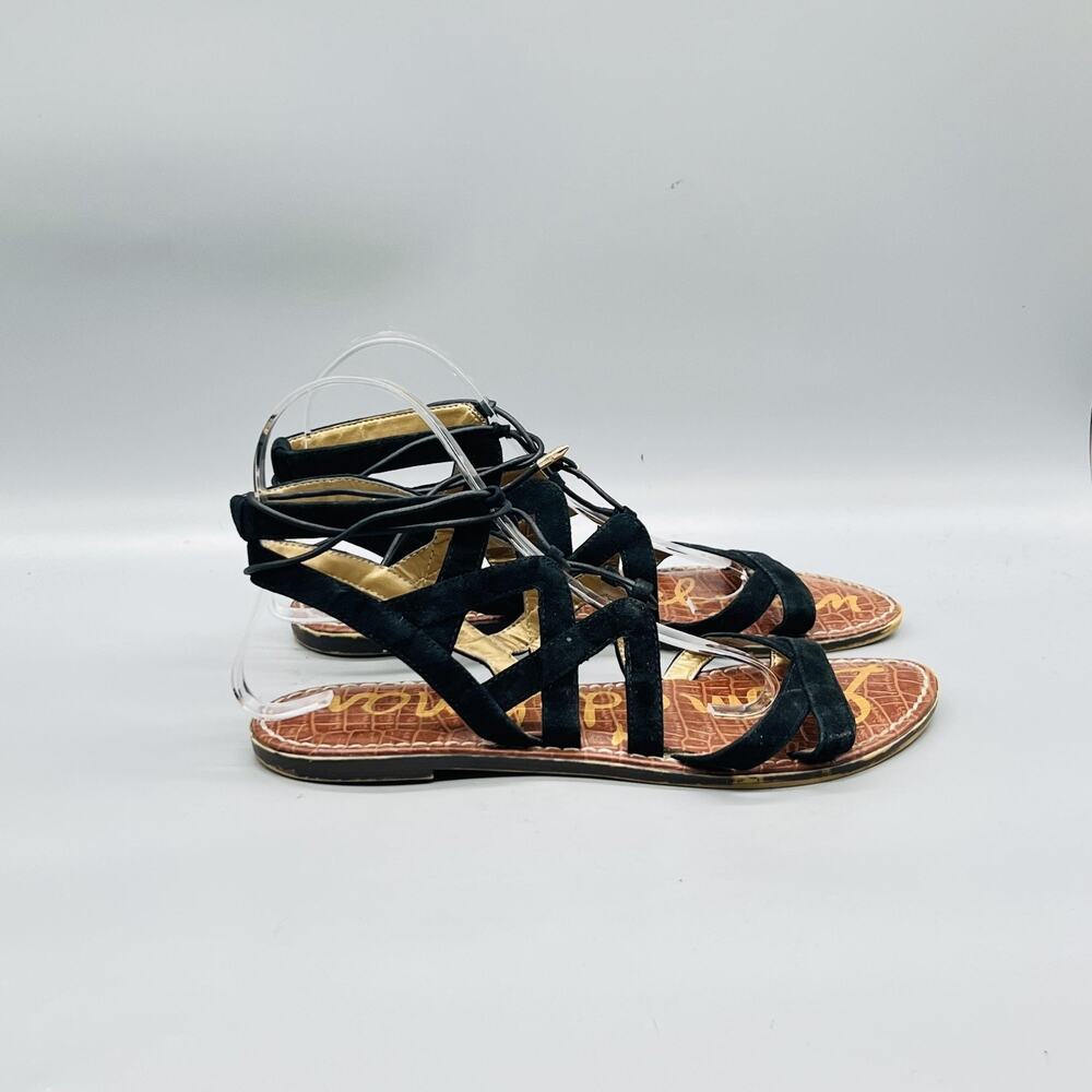 Sam Edelman Sandals Womens 9 Black Suede Gladiator Strappy Lace Up Flat Shoes